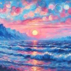 Fototapeta premium Monet-Stil, Sonnenuntergang am Meer, Ölgemälde
