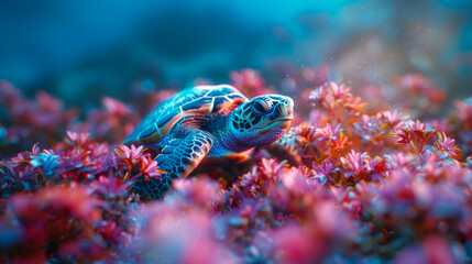 This captivating image features a sea turtle gliding through a vibrant underwater garden of pink coral, showcasing the majestic beauty of marine life in its natural habitat