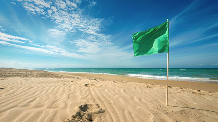 A green flag stands tall on a sandy beach next to the vast blue ocean.