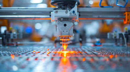 A laser cutter in operation on a factory floor, emitting bright sparks as it precisely cuts through metal.

 - obrazy, fototapety, plakaty