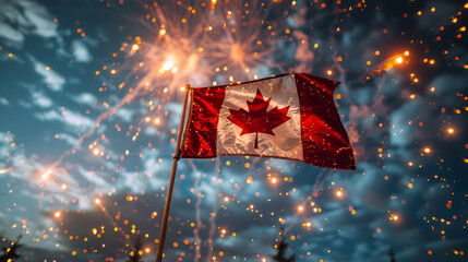A vibrant Canadian flag flutters against a backdrop of dazzling fireworks, symbolizing national pride and joy during a festive event.