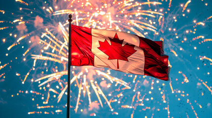 A Canadian flag flutters brightly against a clear blue sky surrounded by sparkling Victoria Day fireworks.