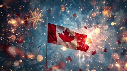 The Canadian flag waves proudly amid a spectacular display of fireworks, capturing the spirit of Canada Day celebrations.