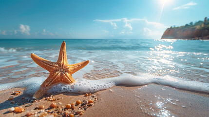 A starfish stands out on a bright sandy beach under the clear blue sky, symbolizing the vibrant marine life of tropical regions.