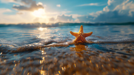 A lone starfish on the ocean, in a photo of the sun setting behind the calm sea, creating a peaceful moment on the seashore. Soft focus.
