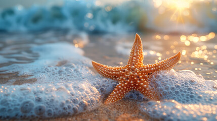 Close-up of a starfish enveloped by glistening sea foam, illuminated by the sunrise on a pristine beach.