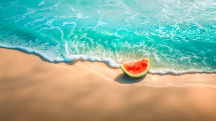 A slice of fresh watermelon rests on the sandy shore, touched by turquoise waves, symbolizing summer refreshment.