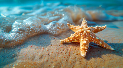 An orange brightly coloured large starfish lies on a sun-drenched beach against a backdrop of sparkling turquoise water. 