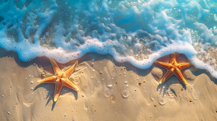 Two starfish rest side by side on the wet sandy shore, washed by gentle waves under a radiant sunrise.