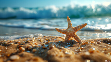 Vivid orange starfish amidst shells on a sunlit beach, with sparkling turquoise waters in the background.