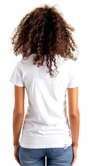 A mockup of a woman from the back wearing a plain white " T-shirt"