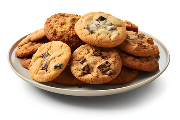 Assortment of homemade cookies, featuring chocolate chip, oatmeal raisin, and sugar cookies, displayed on a plate, isolated with  Generative AI,