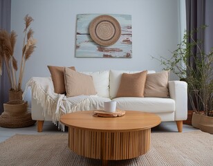 Boho interior design of modern living room, home. Round wooden coffee table against white sofa with beige pillows. Poster on the white wall.