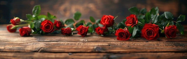 Beautiful Red Roses on Rustic Wooden Board - Nature and Romance Concept