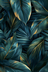 Vertical Tropical leaves wall art design with dark blue and green color, shiny golden light texture.