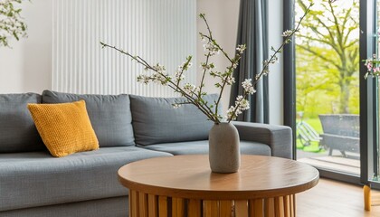 Close up of ceramic vase with blossom twigs on round wooden coffee table against grey sofa and window. Minimalist home interior design of modern living room