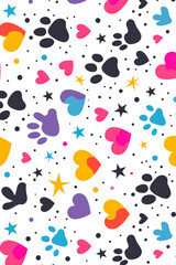 Vertical Pattern with hearts and paws of pets on a white background. Colorful hearts, paws, polka dots and stars.