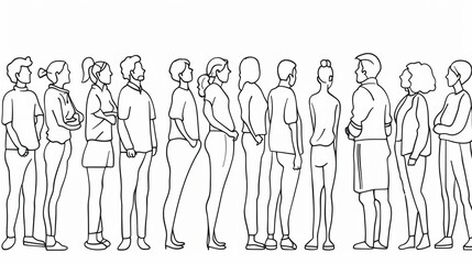 Diverse Group of People Continuous Line Drawing Illustration - United Family and Friends Standing Together in Solidarity, Artwork Symbolizing Community Connection and Multicultural Society Unity.