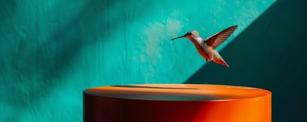 A graceful hummingbird in motion, hovering above an orange top hat against a turquoise background in a minimalist composition