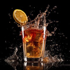  Refreshing lemon tea Splash in Glass with Ice, Freshness ready to drink. on black background.