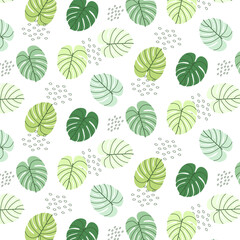 Tropical leaves seamless pattern. Green abstract monstera leaves and decorativ shapes repeat on white. Summer vector background design for print, decor, fabric, card.