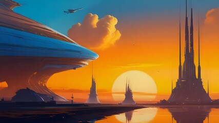 view of a bustling spaceport at sunset on a distant alien planet