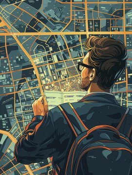 Urban planner with city map, focusing on development areas, office setting, strategic planning, minimal illustrative style.