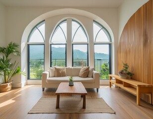 Minimalist interior design of modern living room, home with arch windows and shelf.