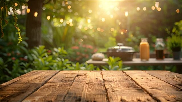 Foreground wooden table with a backdropped summer blur of greenery and festive BBQ