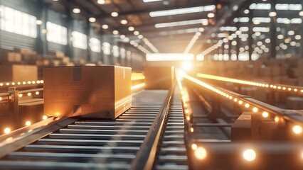 Efficient Supply Chain Logistics: Conveyor Belt in Modern Warehouse with Cardboard Boxes. Concept Warehouse Efficiency, Supply Chain Logistics, Conveyor Belt Systems, Modern Warehouse Operations
