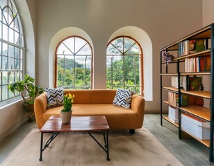 Minimalist interior design of modern living room, home with arch windows and shelf.