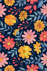 Vertical Flower and leaf layer illustration seamless repeat pattern.