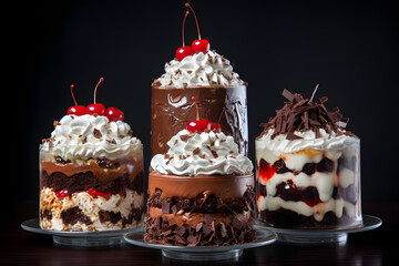 Collection of Black Forest cakes, a classic German dessert made with layers of chocolate cake, whipped cream, and cherries, Generative AI,