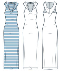 Hooded Dress technical fashion illustration, striped design. Jersey maxi Dress fashion flat technical drawing template, slim fit, front and back view, white, blue, women CAD mockup set. - obrazy, fototapety, plakaty