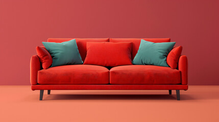 Cozy sofa with cushions on red background