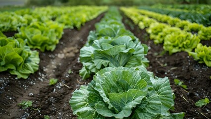 Green Cabbage and Lettuce Beds Stretch Across a Vast Farm Field. Concept Vegetable Farming, Agriculture, Crops, Farming Techniques, Sustainable Agriculture