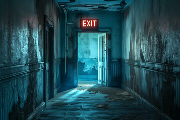 A dilapidated corridor with an exit sign at the far end