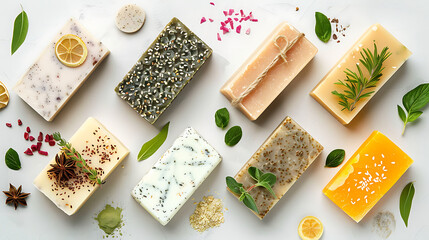 Natural handmade soap bars with herbs and spices on white background.