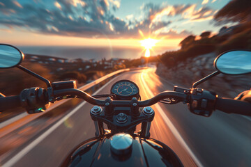Naklejka premium A motorcyclist speeding on the highway, first-person perspective