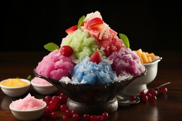 Colorful shaved ice, sweet and cool, decorated with fruit