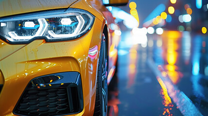 Front headlight of a yellow car on a rainy road.