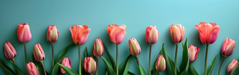 Top View Pink Tulips on Turquoise Background with Copy Space - Website Banner