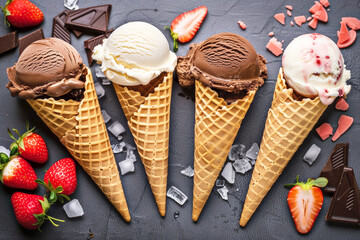 Various assortment of waffle cone ice cream flavor's setup on dark stone background . Summer and Sweet menu concept