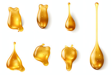 Collection of glistening drops of golden honey, viscous and dripping, isolated on a transparent background.  Generative AI,