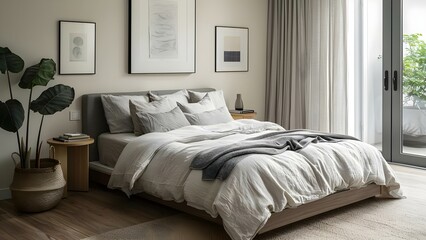 Tranquil Bedroom with Platform Bed and Organic Gray/White Linens. Concept Organic Bedroom Decor, Tranquil Sleep Space, Gray and White Aesthetics