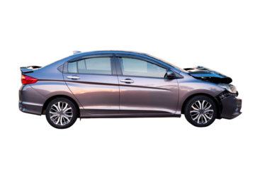 Car crash, Side view of full body modern black car get damaged by accident on the road. damaged cars after collision. isolated on transparent background, PNG File
