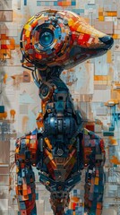 Produce a dynamic oil painting capturing the essence of robotic wildlife roaming within a cubist urban jungle Contrasting warm and cool tones, depict intricate details.