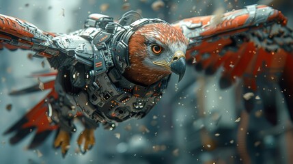 Obraz premium Bring the robotic wildlife to life in a worms-eye view Picture a metallic eagle soaring above, capturing a world of technology-infused nature in breathtaking detail