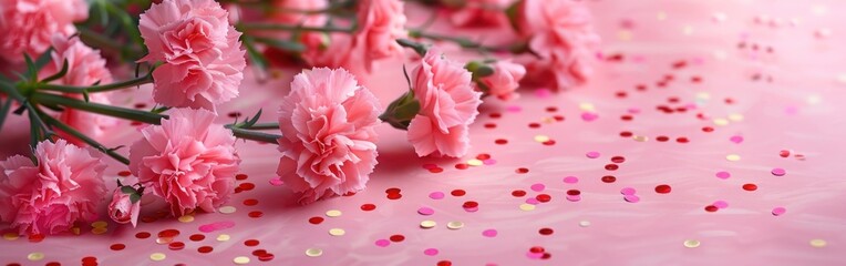 Celebrate with Pink Carnations and Confetti on a Pink Background