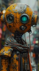 Capture a mesmerizing, larger-than-life robot in a gritty street art setting Utilize a worms-eye view, blending futuristic elements with vibrant.